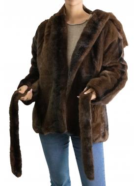 Similpelliccia con cappuccio e cinta 